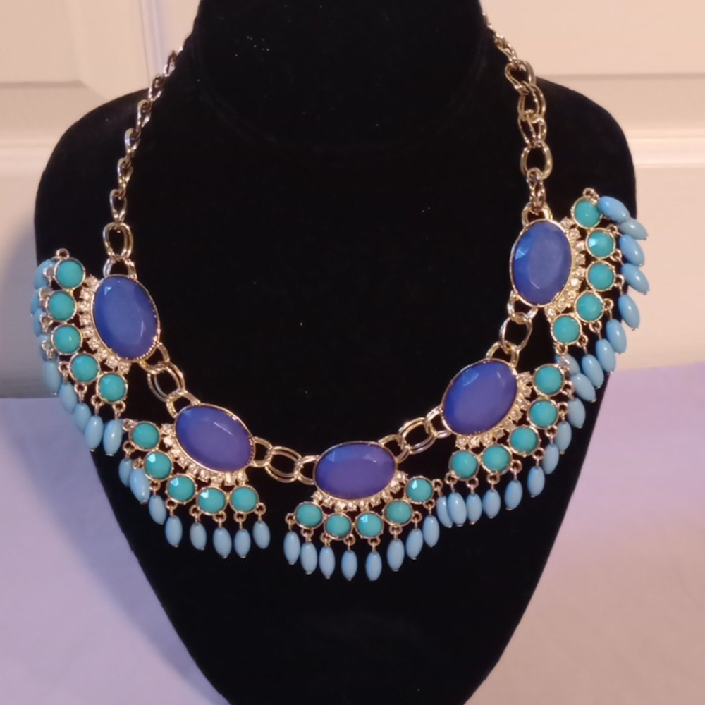 G by Gennaro,  Bohemian Blue and Gold Necklace with Cascading Fringe